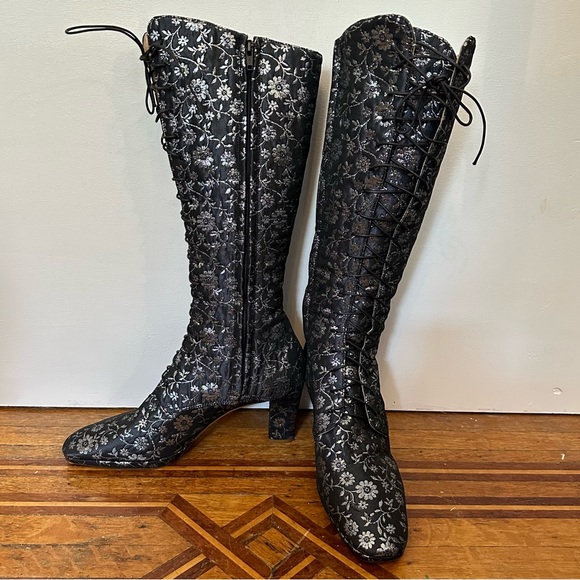 Anna Sui x Emma Hope Midnight Blue Tapestry Lace Up Boots - Picture 1 of 10